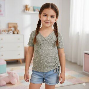 Art Class Girls Size Small Green Floral Ribbed Faux Wrap Top